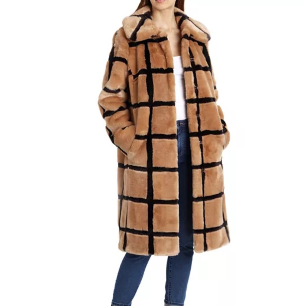 Avec Les Filles Checkered faux furJacket - Black and Tan